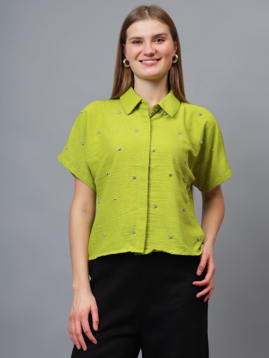 Gaiia Stone Collar Printed Crop Shirt - GAIIA